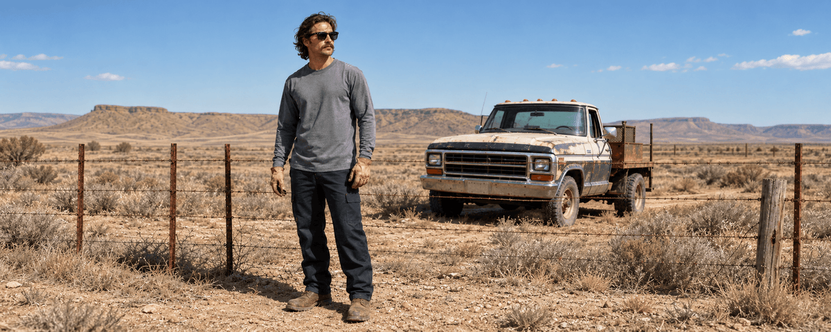 Man wearing Rasco FR Base Layer Long Sleeve T-Shirt and FR Field Pants standing near a barb wire fence with a vintage truck in the background.
