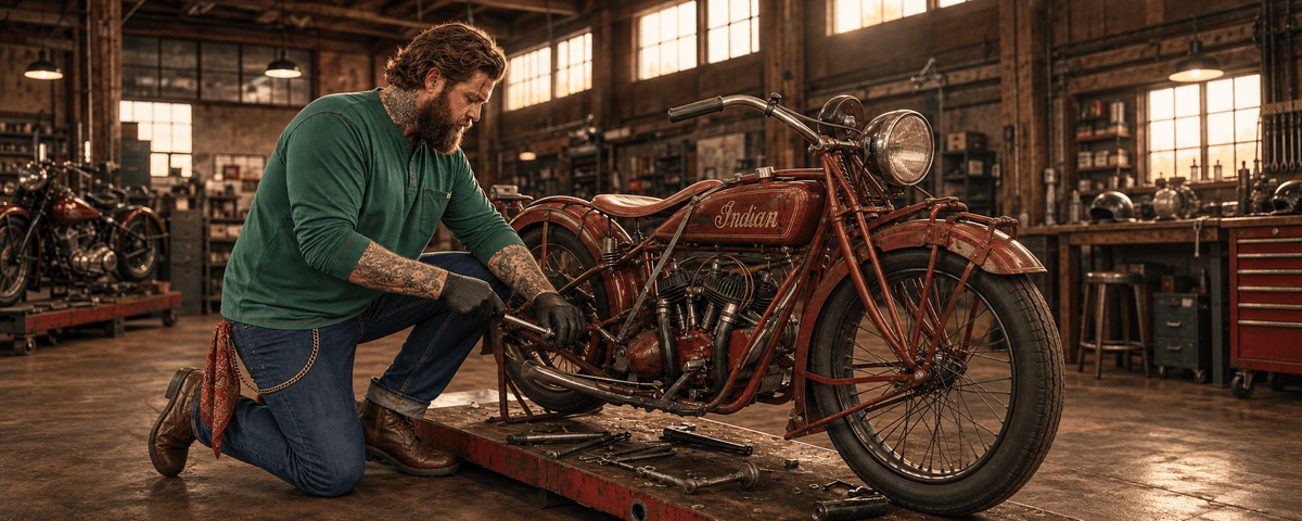 Man wearing Rasco FR Henley and FR Jeans in Big and Tall sizes, kneeling and fixing a motorcycle in a garage.