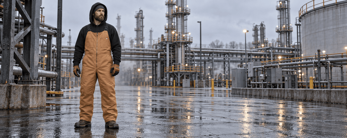 Man wearing Rasco FR insulated bib overalls standing outside of a processing facility during winter.