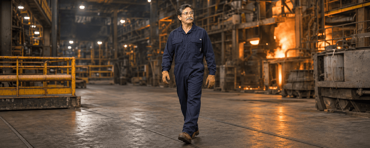 Man wearing Rasco FR coverall walking in a metal smelting facility. 
