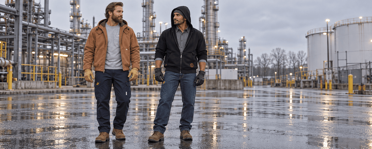 Two Men wearing Rasco FR Jacket, Shirt and Jeans, the other wearing Rasco FR Hoodie shirt and jeans at an industrial facility.