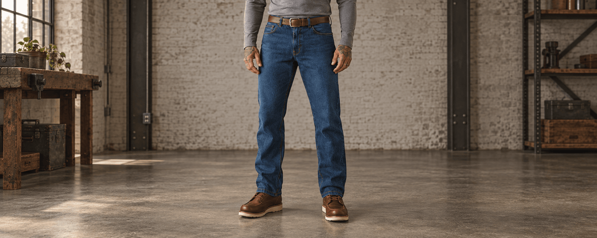 Man Wearing Rasco FR Jeans from the waist down in a warehouse