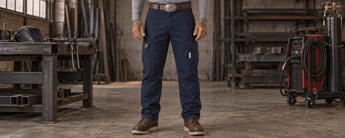 Picture from waist down of a man wearing Rasco FR Field pants in an industrial facility.