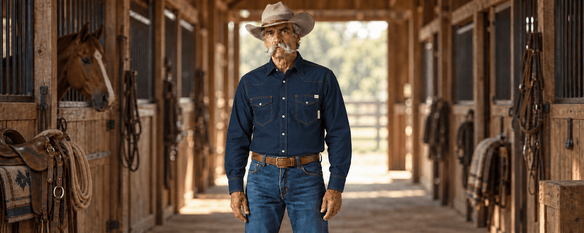 Man wearing Rasco FR denim snap shirt, FR jeans and cowboy hat in a barn.