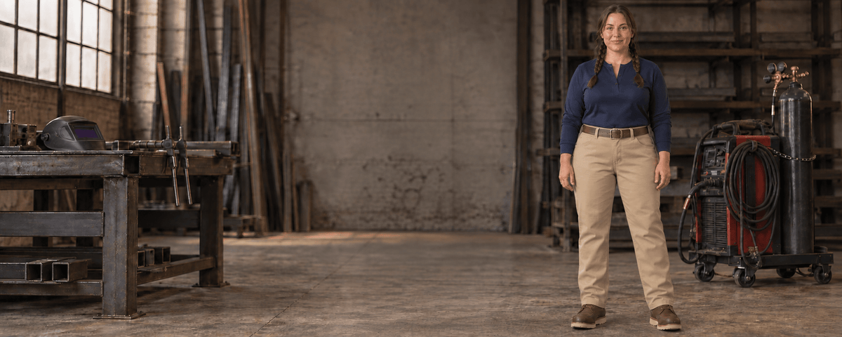 Woman wearing Rasco FR henley and FR pants standing in a warehouse.
