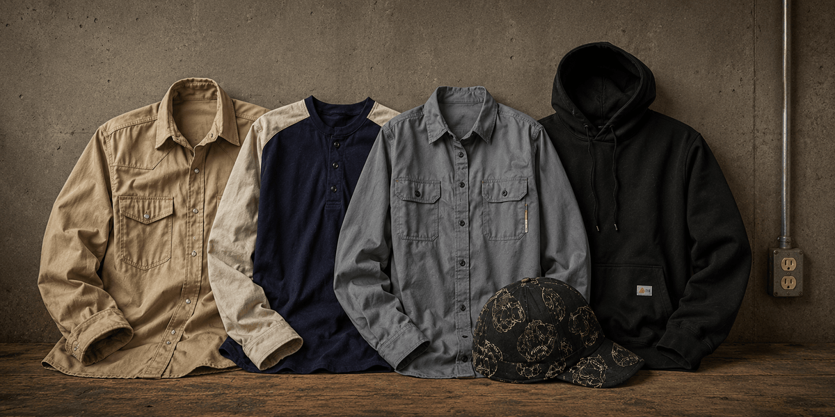 2 Rasco FR Uniform Shirts, 1 FR Two Tone Henley, a welding cap and a FR Hoodie displayed against a concrete wall.