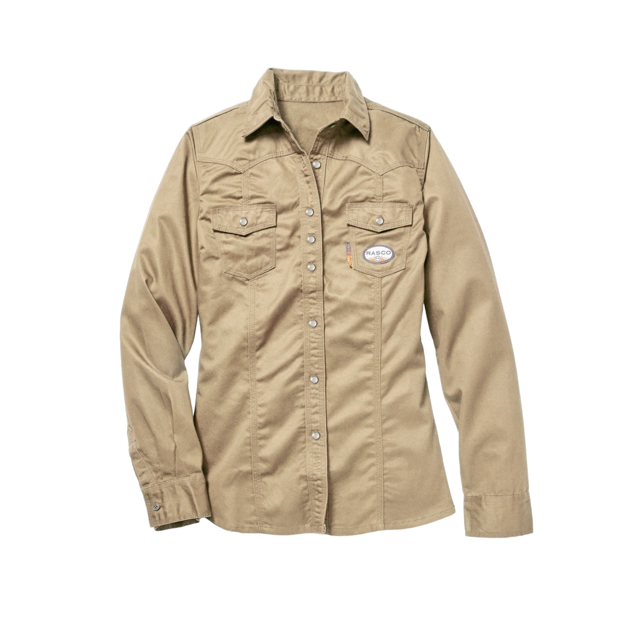 FR5003KH Rasco FR Women's Khaki Snap Shirt, CAT 2, NFPA 2112 - FRONT